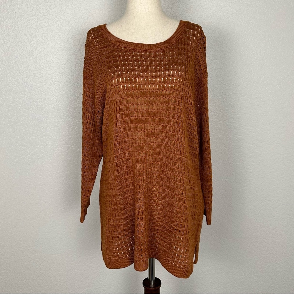 Talbots Cotton Blend Long Sleeve Rust Open Knit Crewneck Sweater Size Large